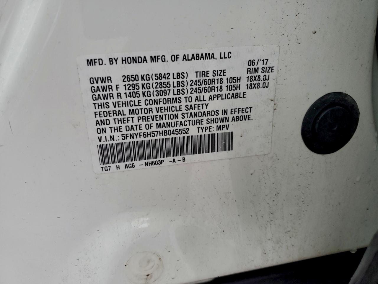 2017 Honda Pilot Exl VIN: 5FNYF6H57HB045552 Lot: 94629065