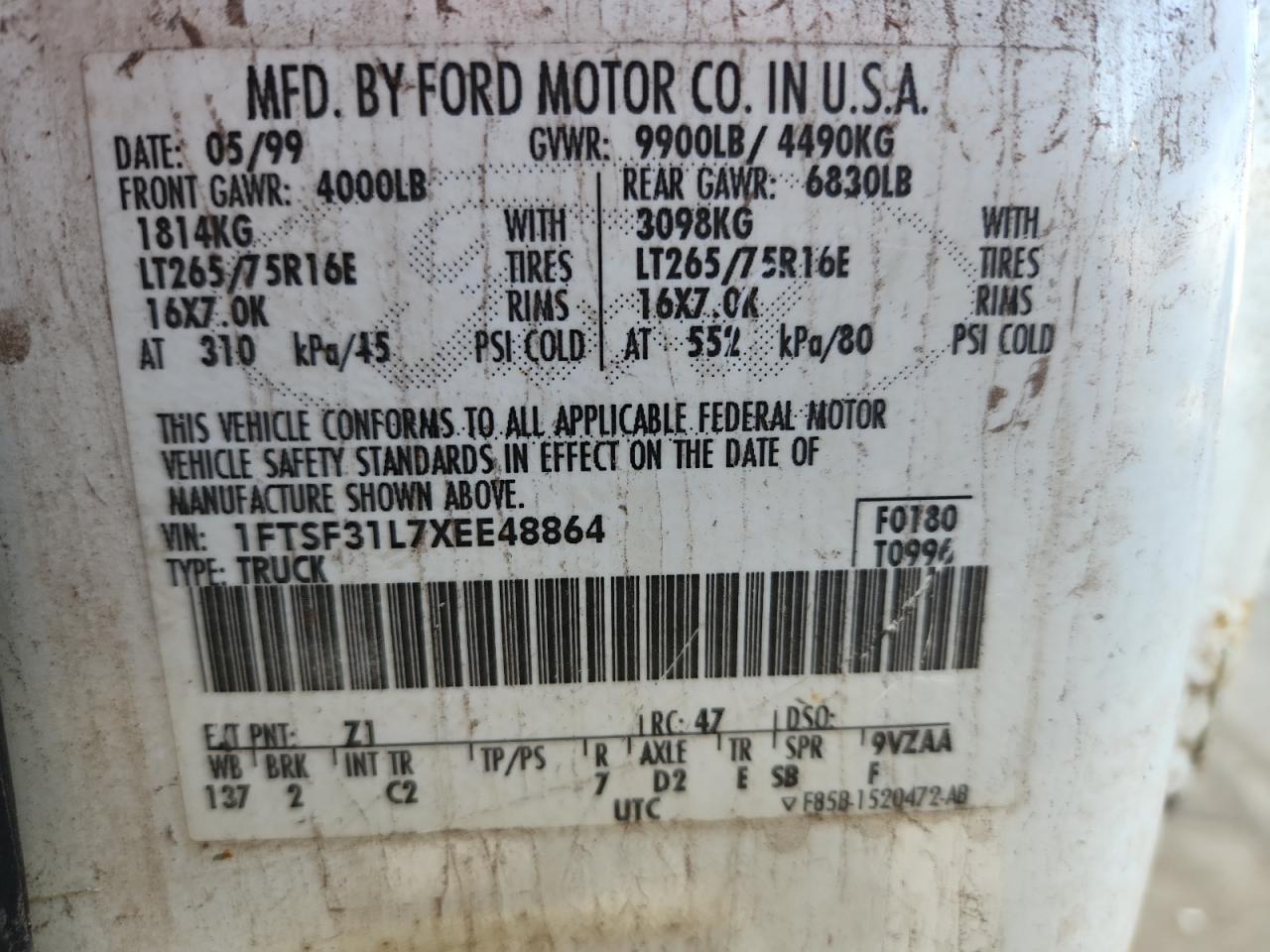 1999 Ford F350 Srw Super Duty VIN: 1FTSF31L7XEE48864 Lot: 92282825