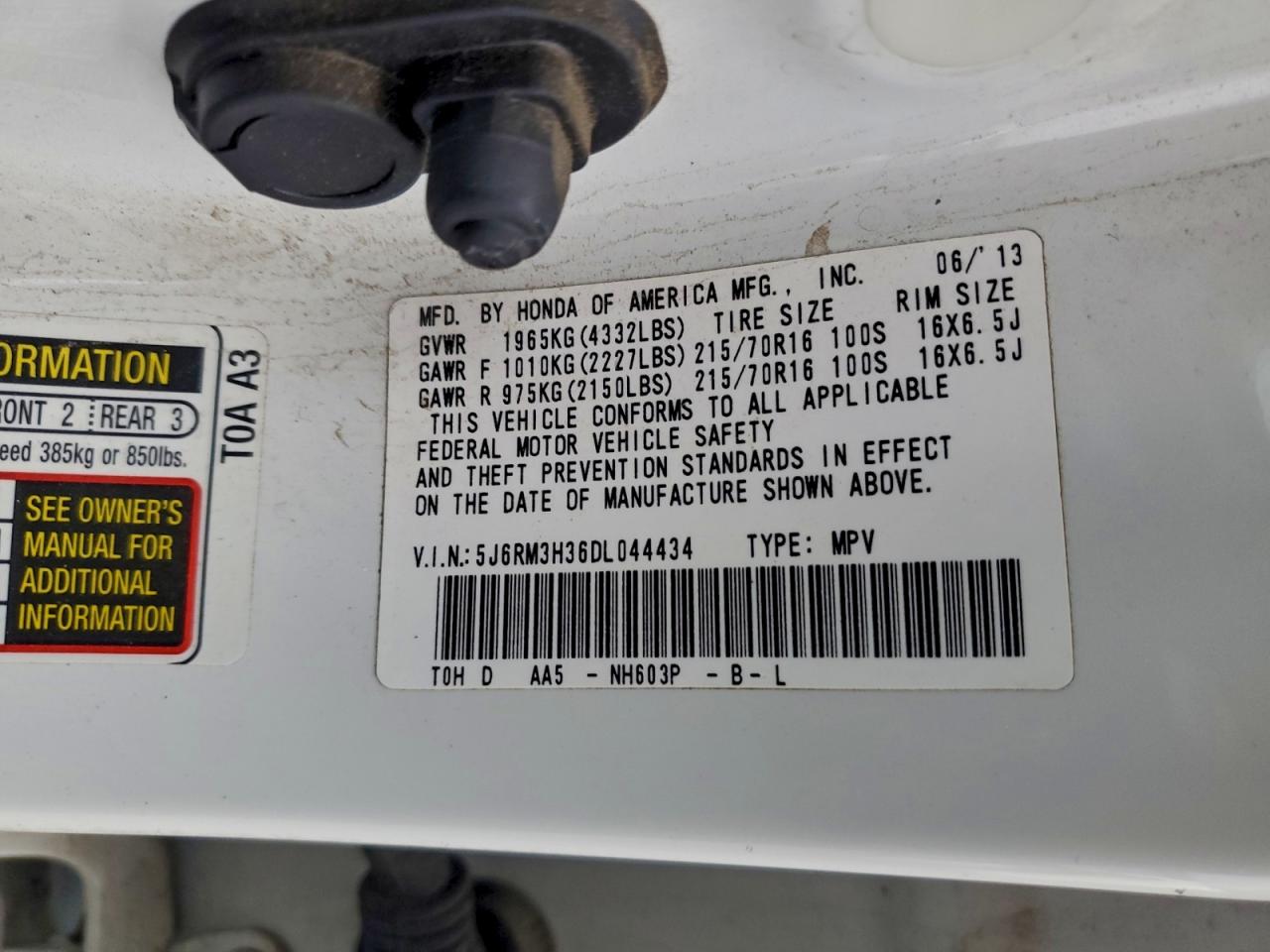 2013 Honda Cr-V Lx VIN: 5J6RM3H36DL044434 Lot: 94139555