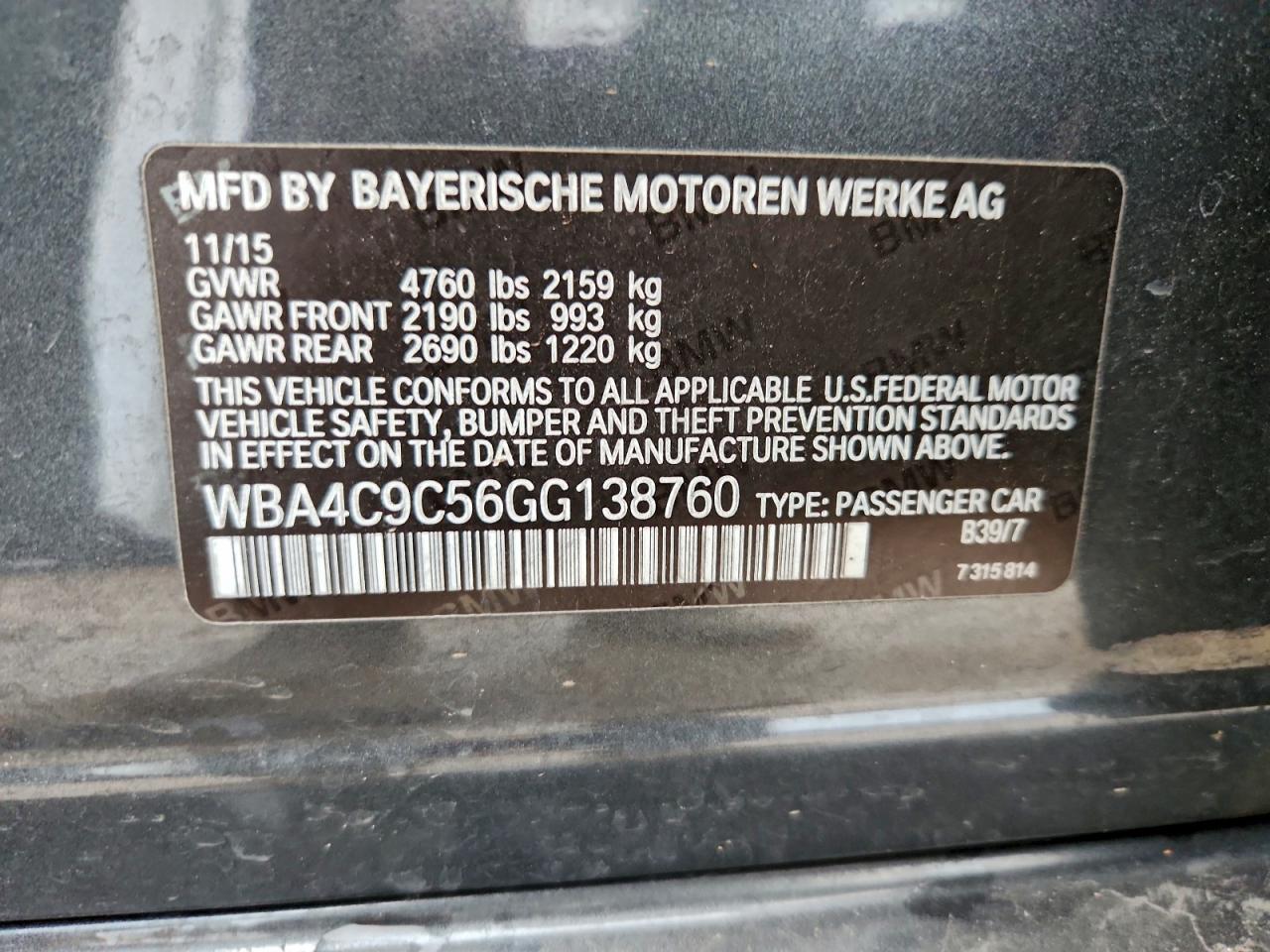 2016 BMW 428 Xi Gran Coupe Sulev VIN: WBA4C9C56GG138760 Lot: 93911255