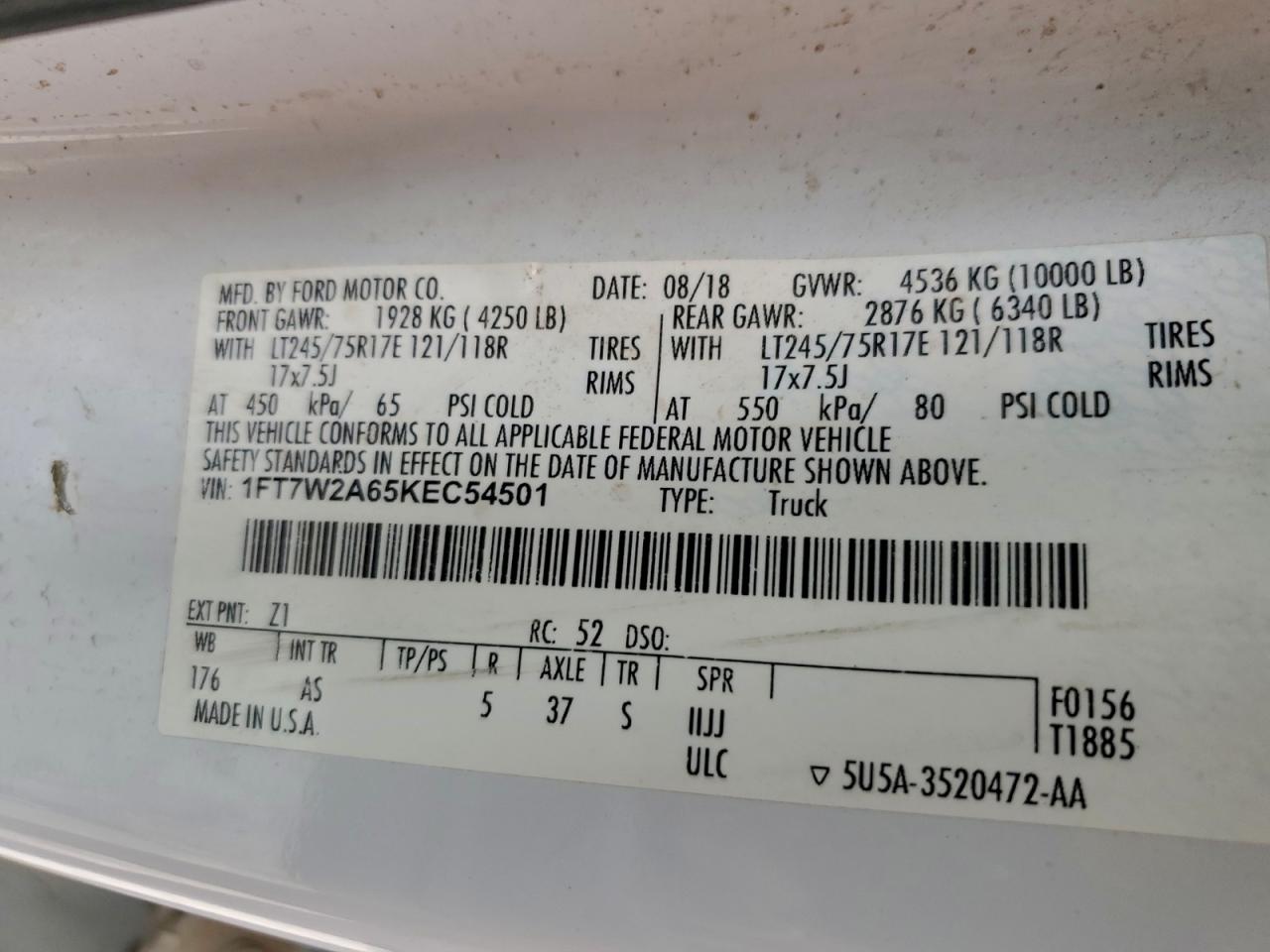 2019 Ford F250 Super Duty VIN: 1FT7W2A65KEC54501 Lot: 93541045