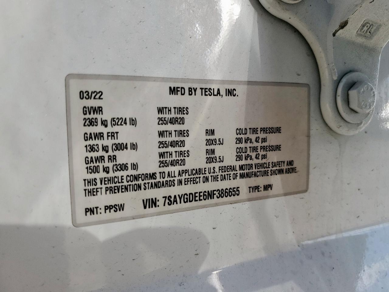 2022 Tesla Model Y VIN: 7SAYGDEE6NF386655 Lot: 92614565