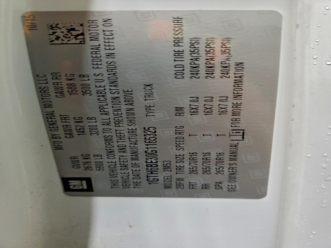 2016 GMC Canyon VIN: 1GTH6BE30G1165325 Lot: 92352295