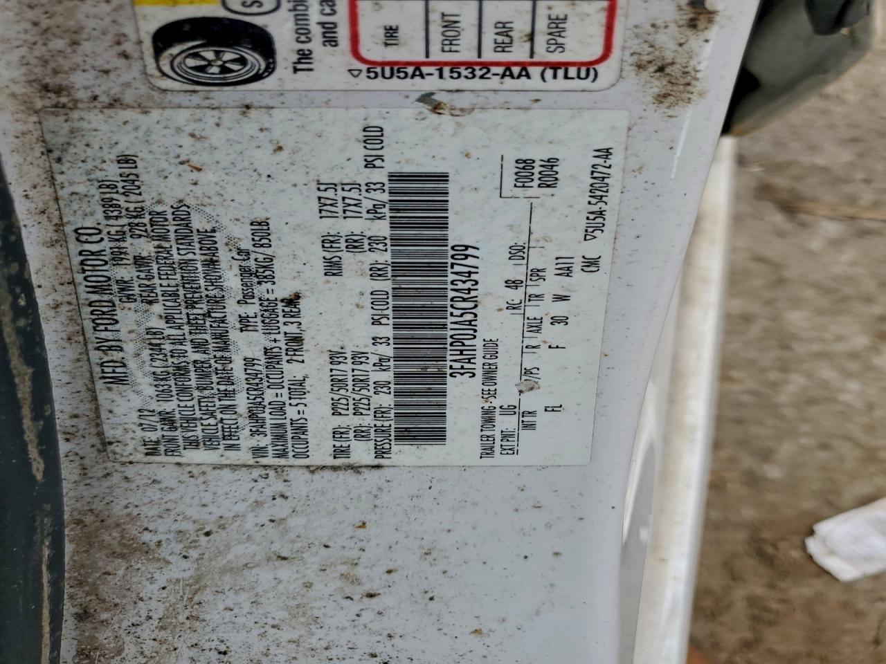 2012 Ford Fusion Sel VIN: 3FAHP0JA5CR434799 Lot: 90062545