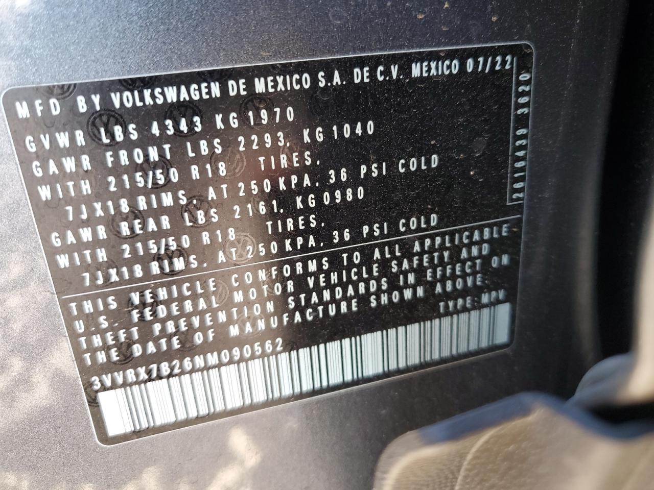 2022 Volkswagen Taos Se VIN: 3VVRX7B26NM090562 Lot: 90845425