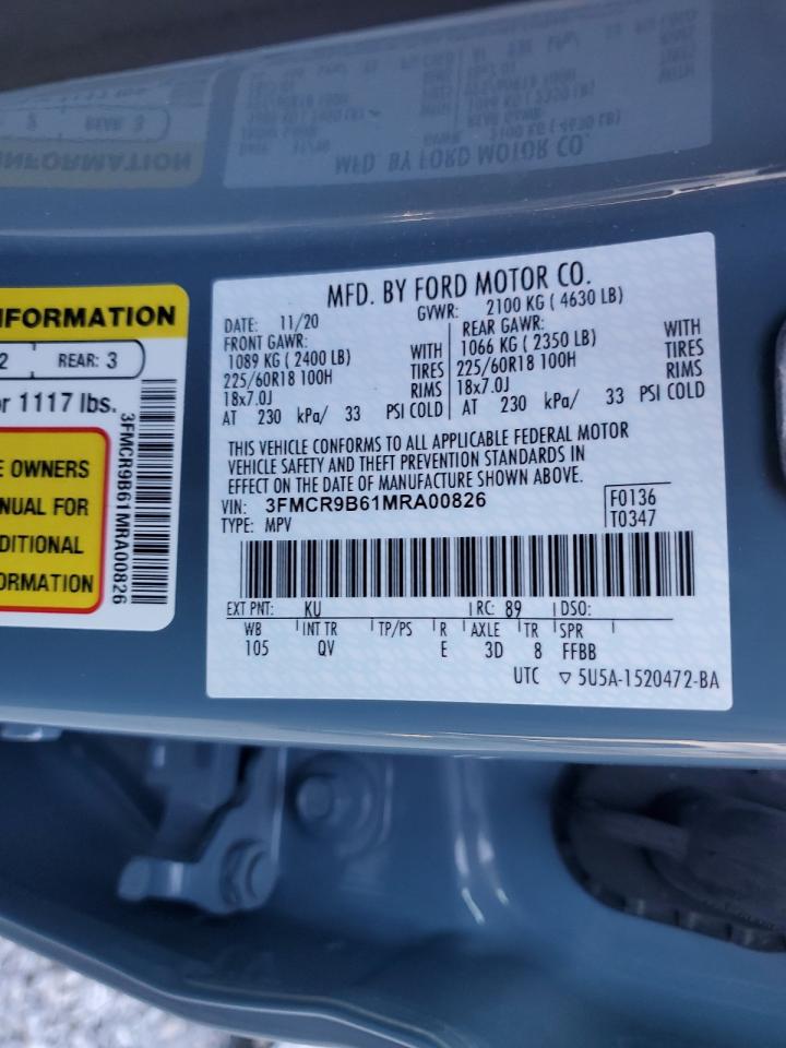 2021 Ford Bronco Sport Big Bend VIN: 3FMCR9B61MRA00826 Lot: 91164205