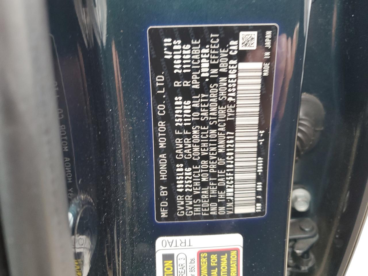 2018 Honda Clarity VIN: JHMZC5F18JC012617 Lot: 93205545