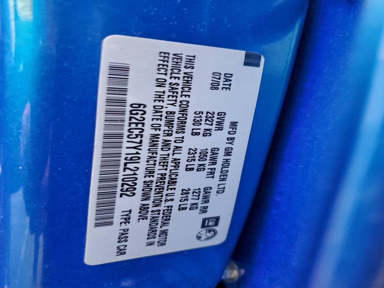 2009 Pontiac G8 Gt VIN: 6G2EC57Y19L210292 Lot: 94080335