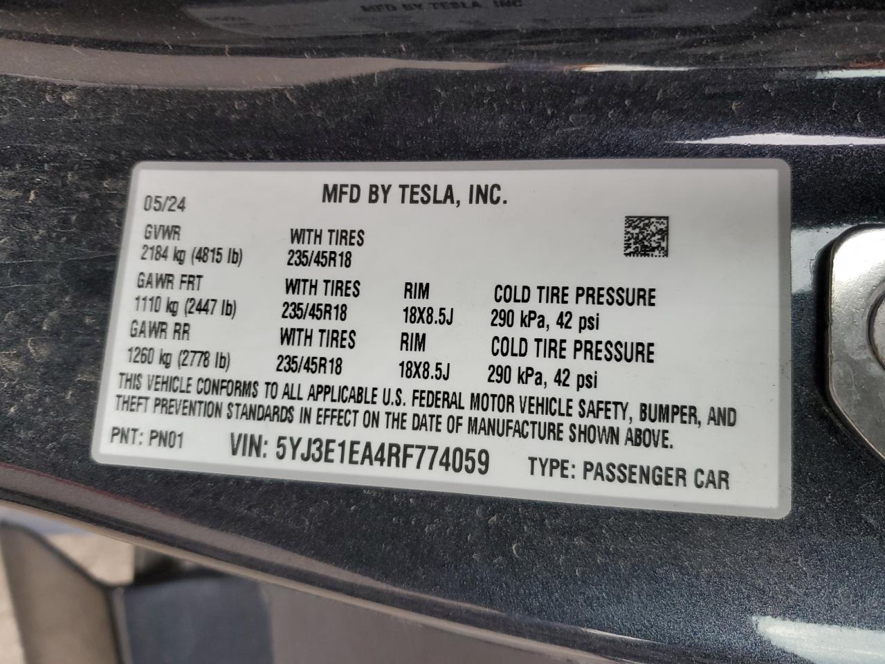 2024 Tesla Model 3 VIN: 5YJ3E1EA4RF774059 Lot: 91657555