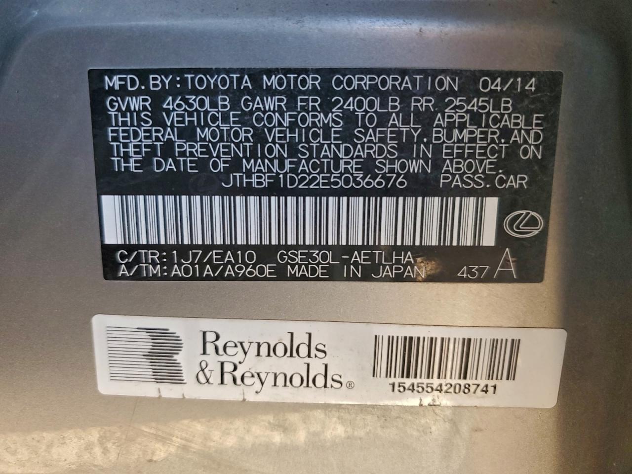 2014 Lexus Is 250 VIN: JTHBF1D22E5036676 Lot: 94475145