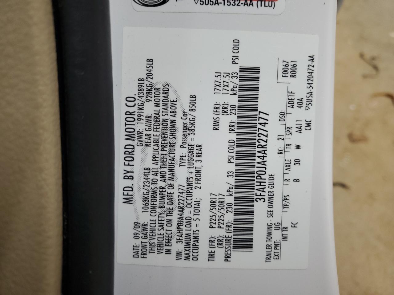 2010 Ford Fusion Sel VIN: 3FAHP0JA4AR227477 Lot: 91987345