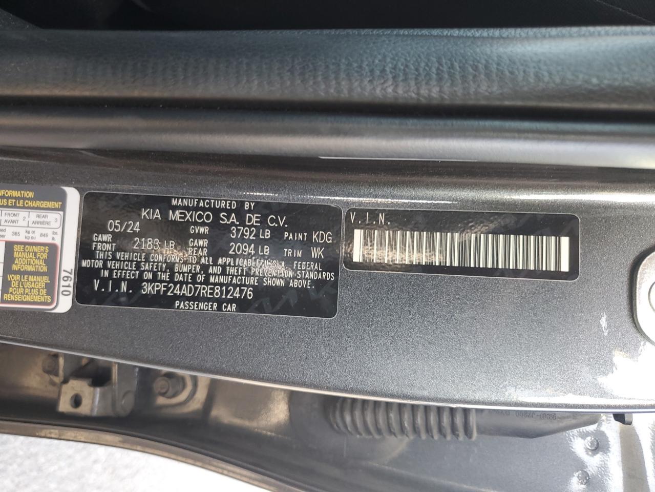 2024 Kia Forte Lx VIN: 3KPF24AD7RE812476 Lot: 92071305