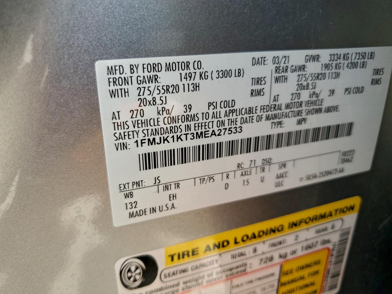 2021 Ford Expedition Max Limited VIN: 1FMJK1KT3MEA27533 Lot: 93740675