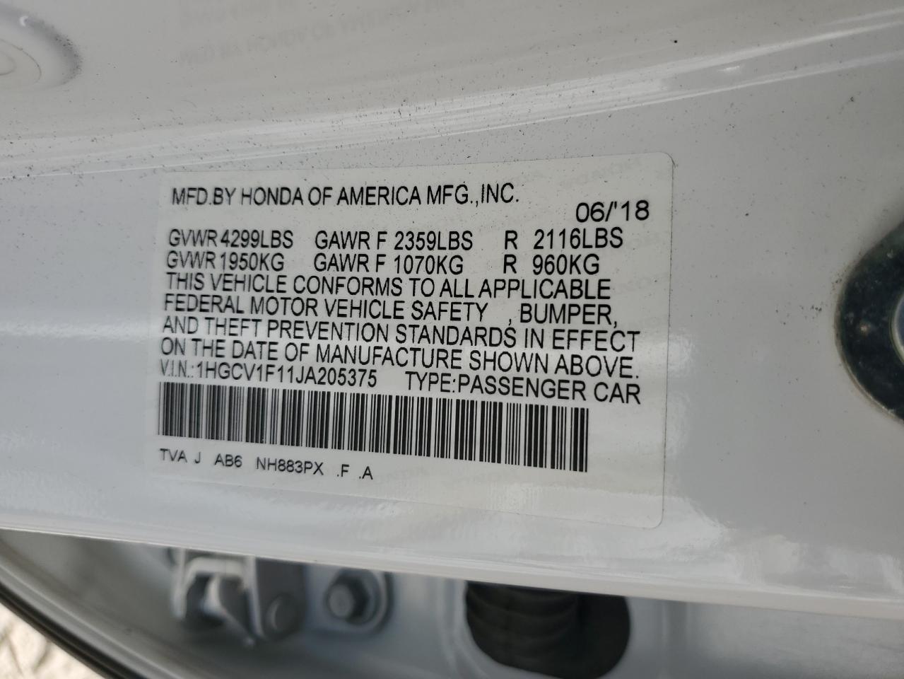 2018 Honda Accord Lx VIN: 1HGCV1F11JA205375 Lot: 90883905