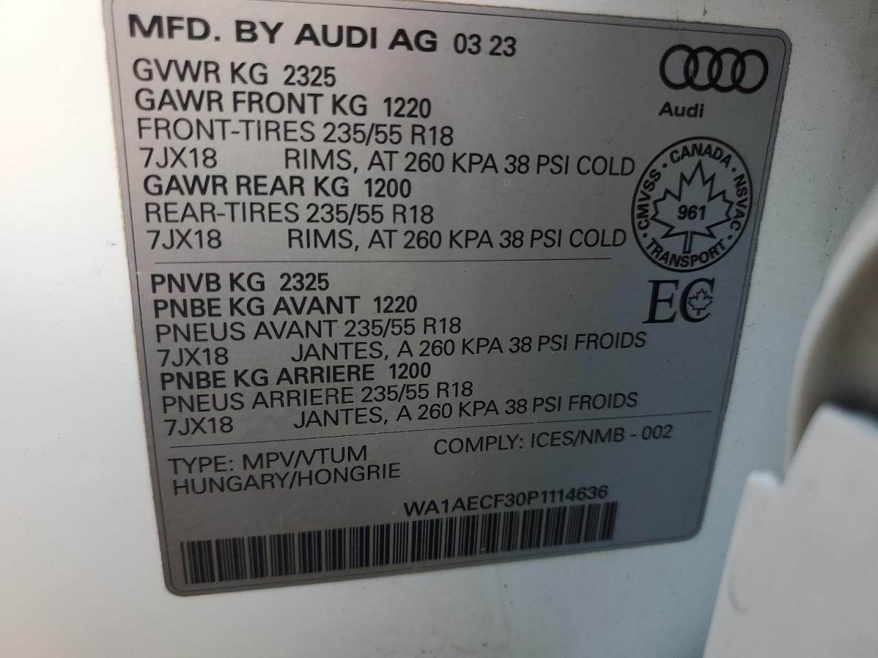 2023 Audi Q3 Komfort 45 VIN: WA1AECF30P1114636 Lot: 93742255