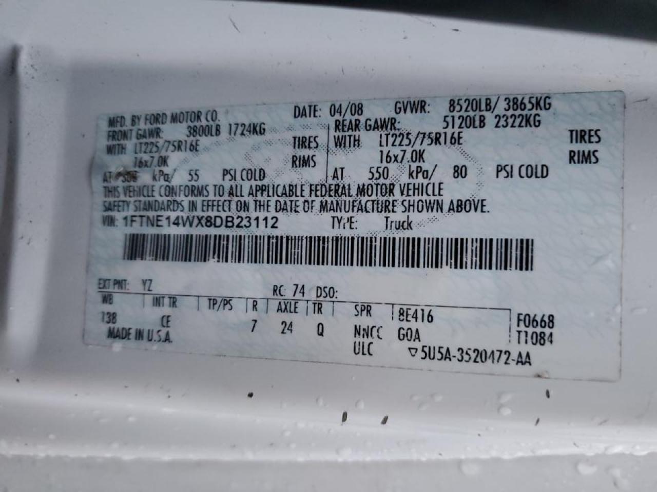 2008 Ford E150 Van VIN: 1FTNE14WX8DB23112 Lot: 92822625