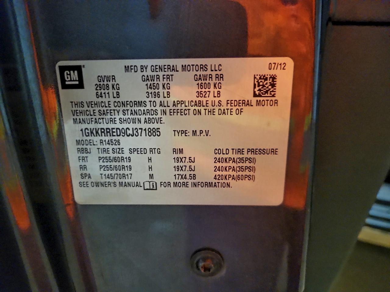 2012 GMC Acadia Slt-1 VIN: 1GKKRRED9CJ371885 Lot: 93848585