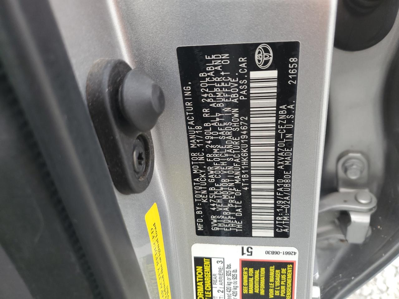 2019 Toyota Camry L VIN: 4T1B11HK6KU194672 Lot: 93497605