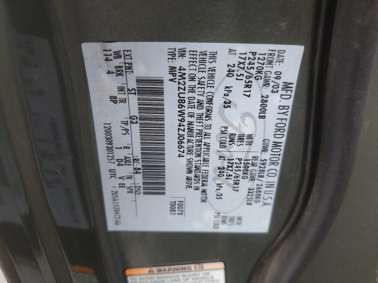 2004 Mercury Mountaineer VIN: 4M2ZU86W94ZJ06674 Lot: 93127425