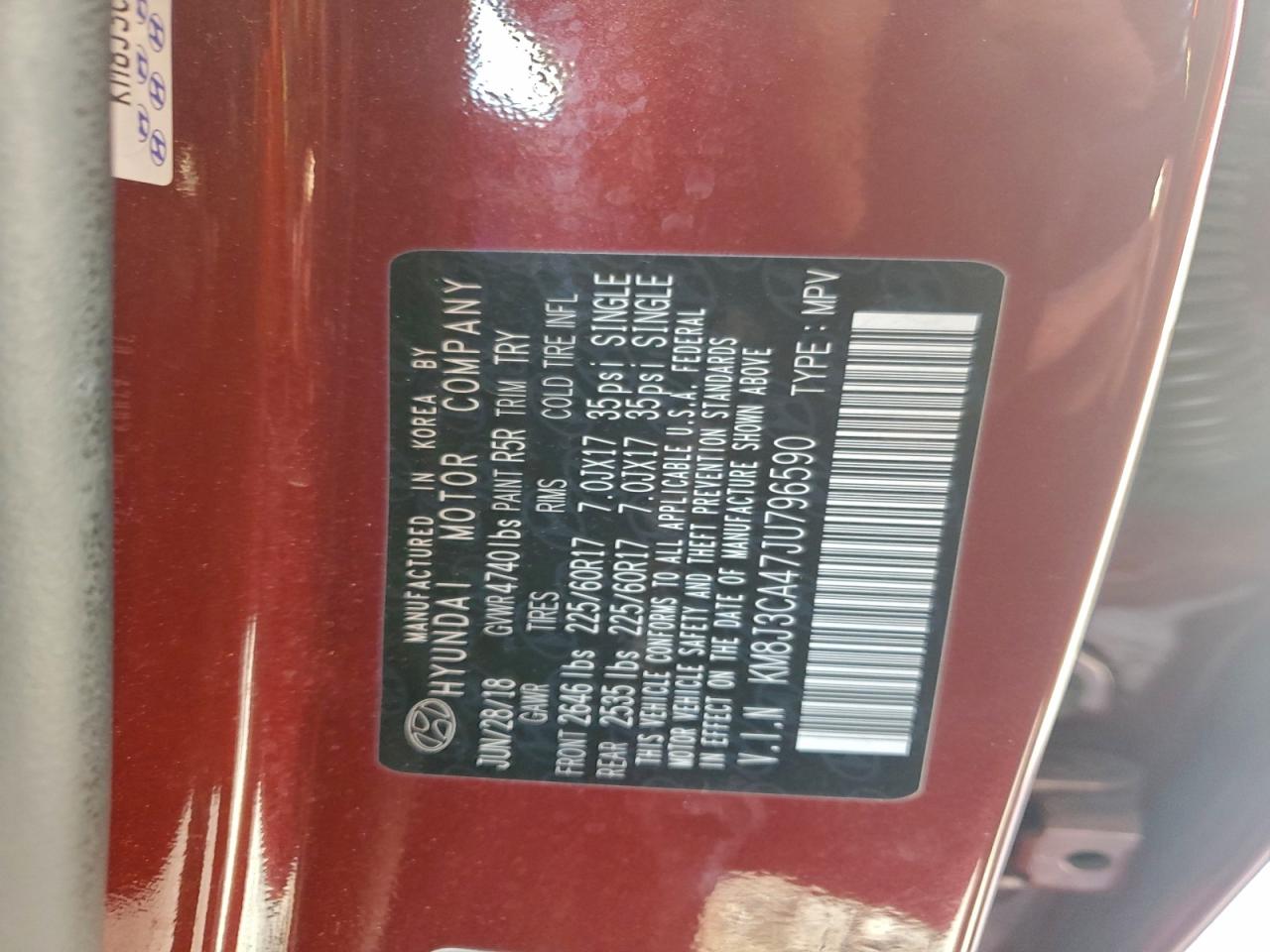 2018 Hyundai Tucson Sel VIN: KM8J3CA47JU796590 Lot: 94190715