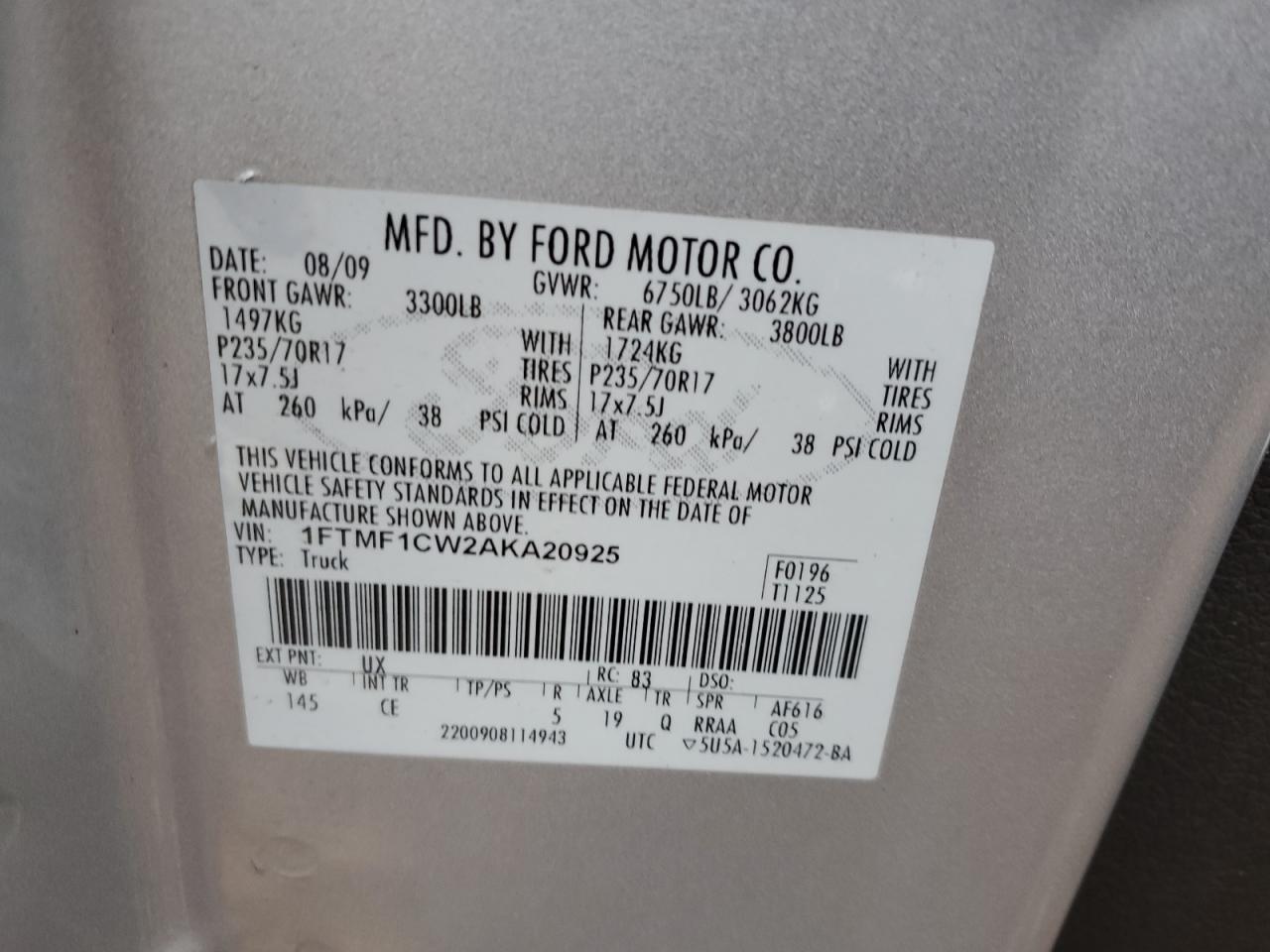 2010 Ford F150 VIN: 1FTMF1CW2AKA20925 Lot: 93473055