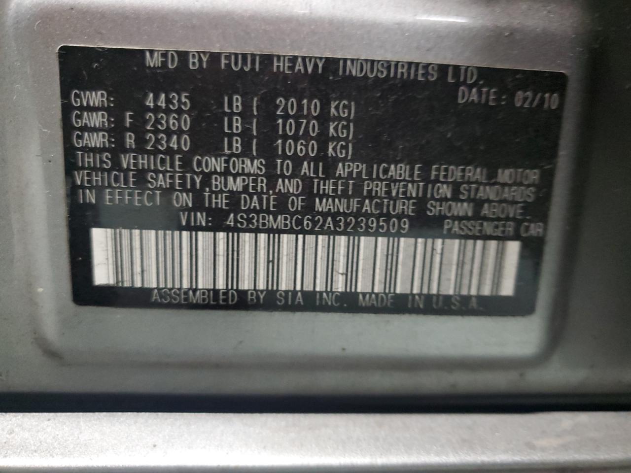 2010 Subaru Legacy 2.5I Premium VIN: 4S3BMBC62A3239509 Lot: 94041015