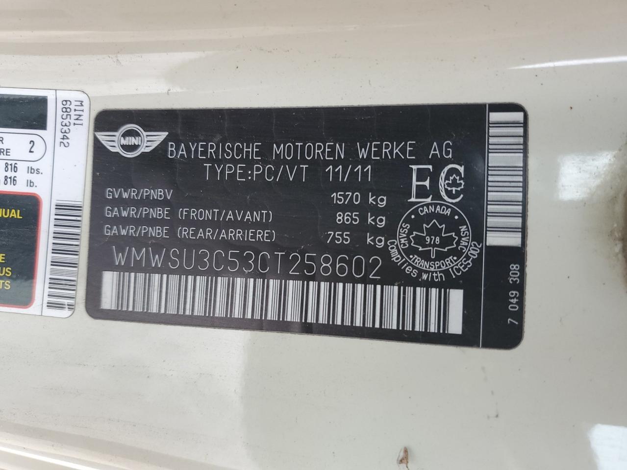2012 Mini Cooper VIN: WMWSU3C53CT258602 Lot: 90497965