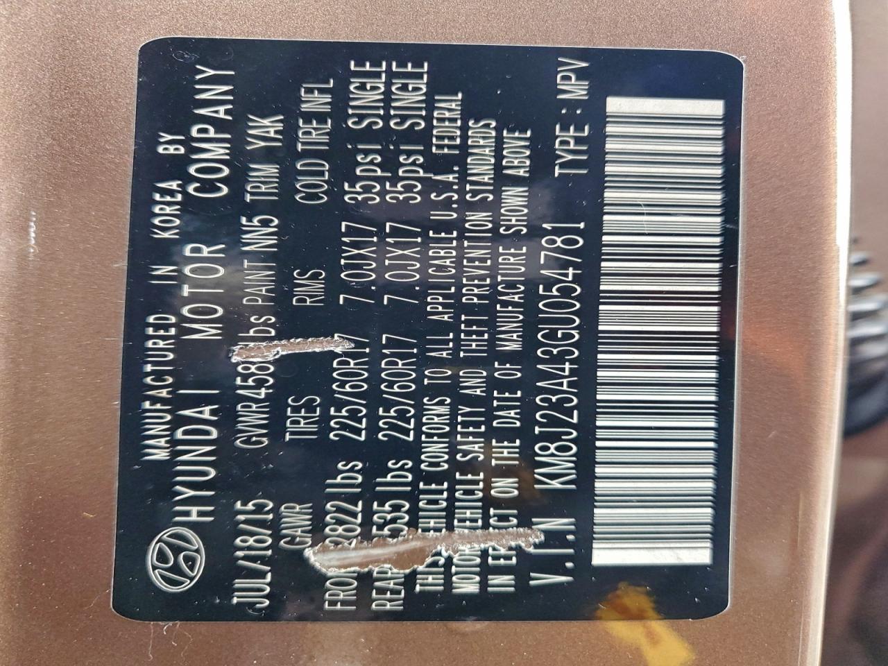 2016 Hyundai Tucson Se VIN: KM8J23A43GU054781 Lot: 93782375