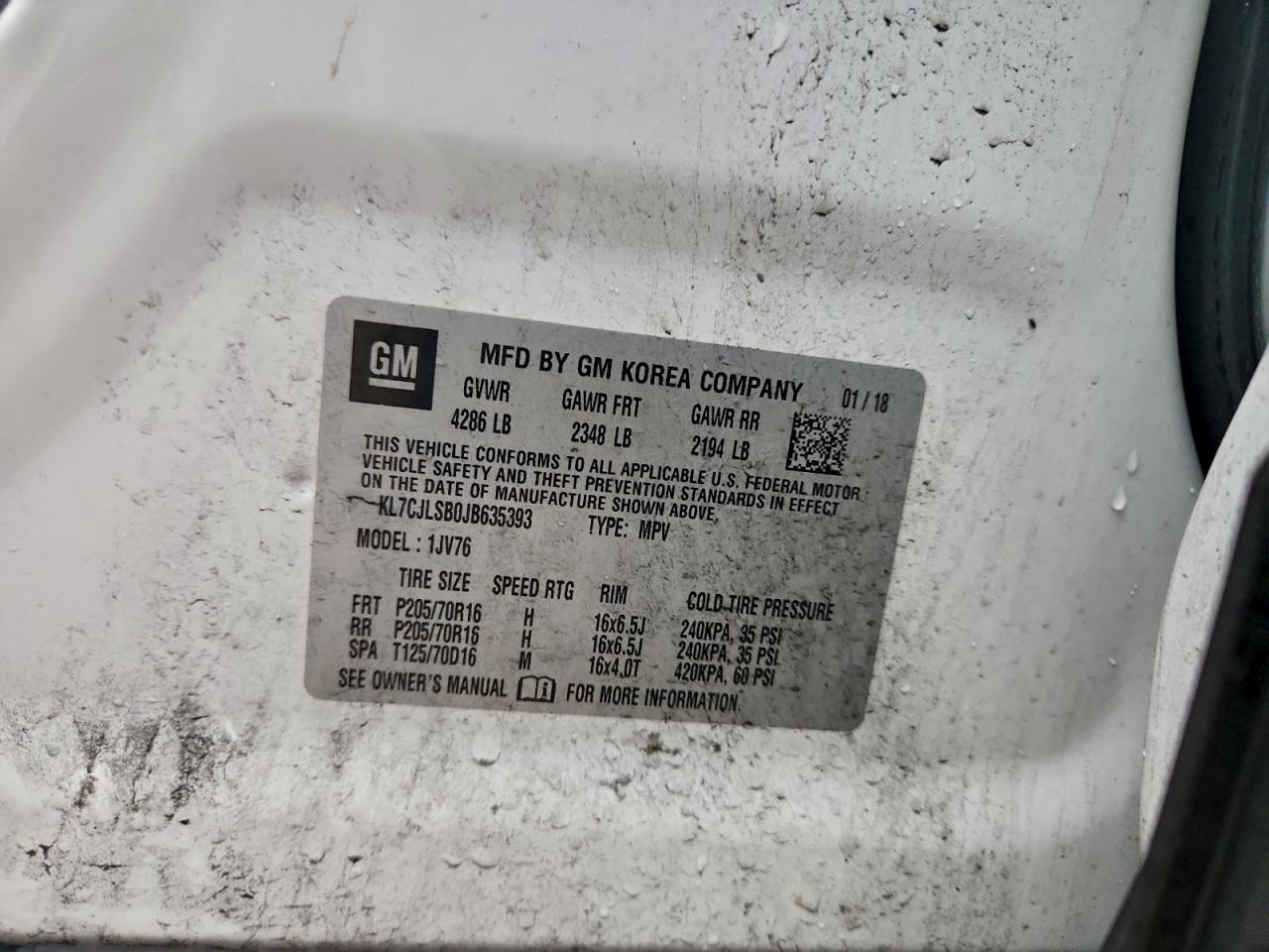 2018 Chevrolet Trax 1Lt VIN: KL7CJLSB0JB635393 Lot: 94134725