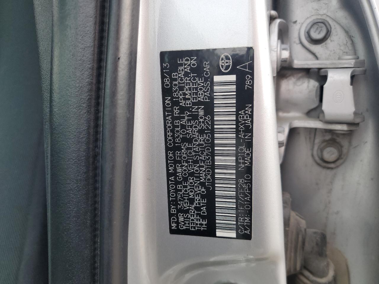 2013 Toyota Prius C VIN: JTDKDTB37D1051226 Lot: 93258445