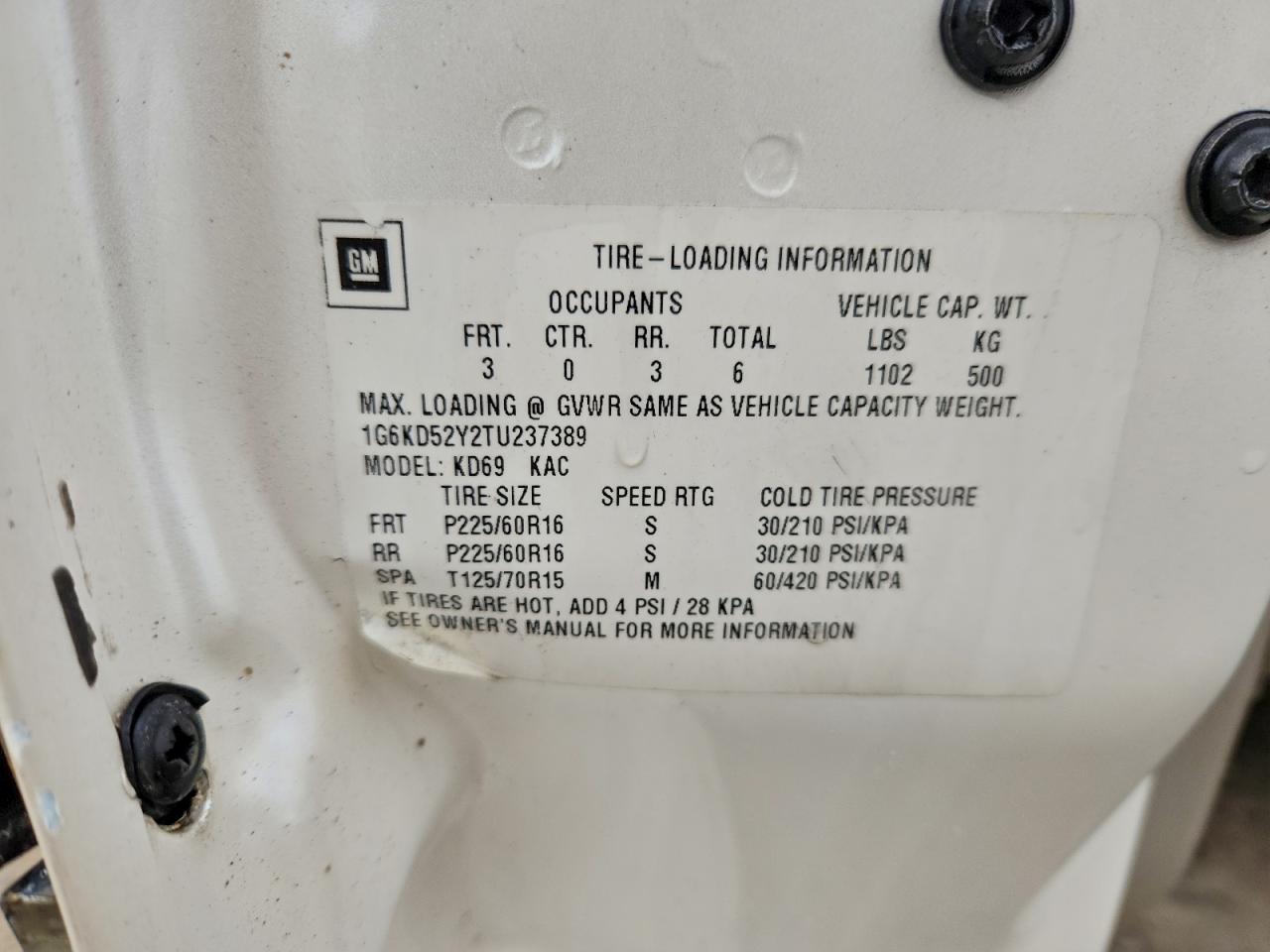 1996 Cadillac Deville VIN: 1G6KD52Y2TU237389 Lot: 93065035