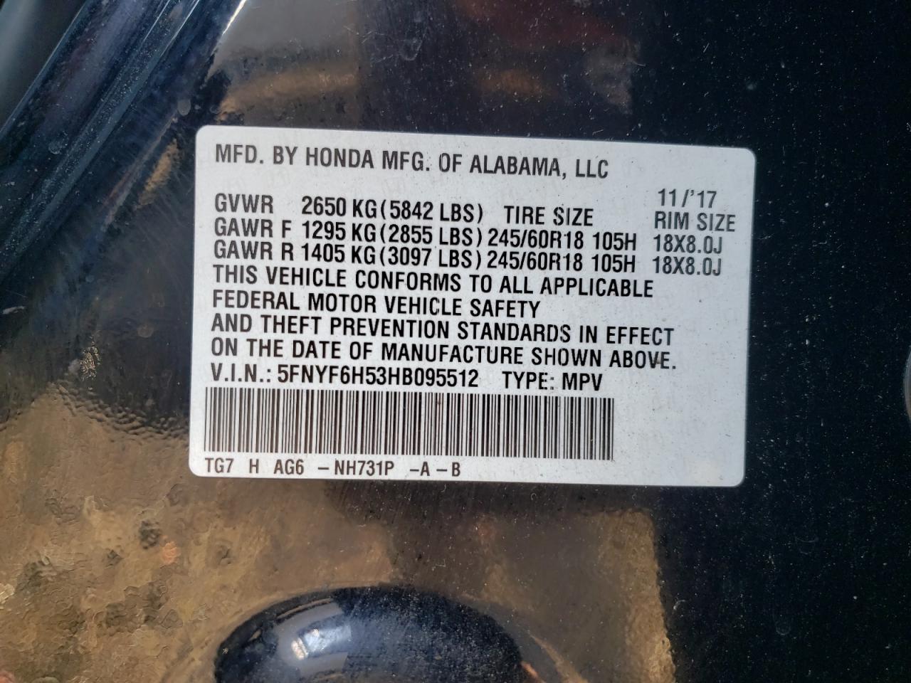 2017 Honda Pilot Exl VIN: 5FNYF6H53HB095512 Lot: 90895095