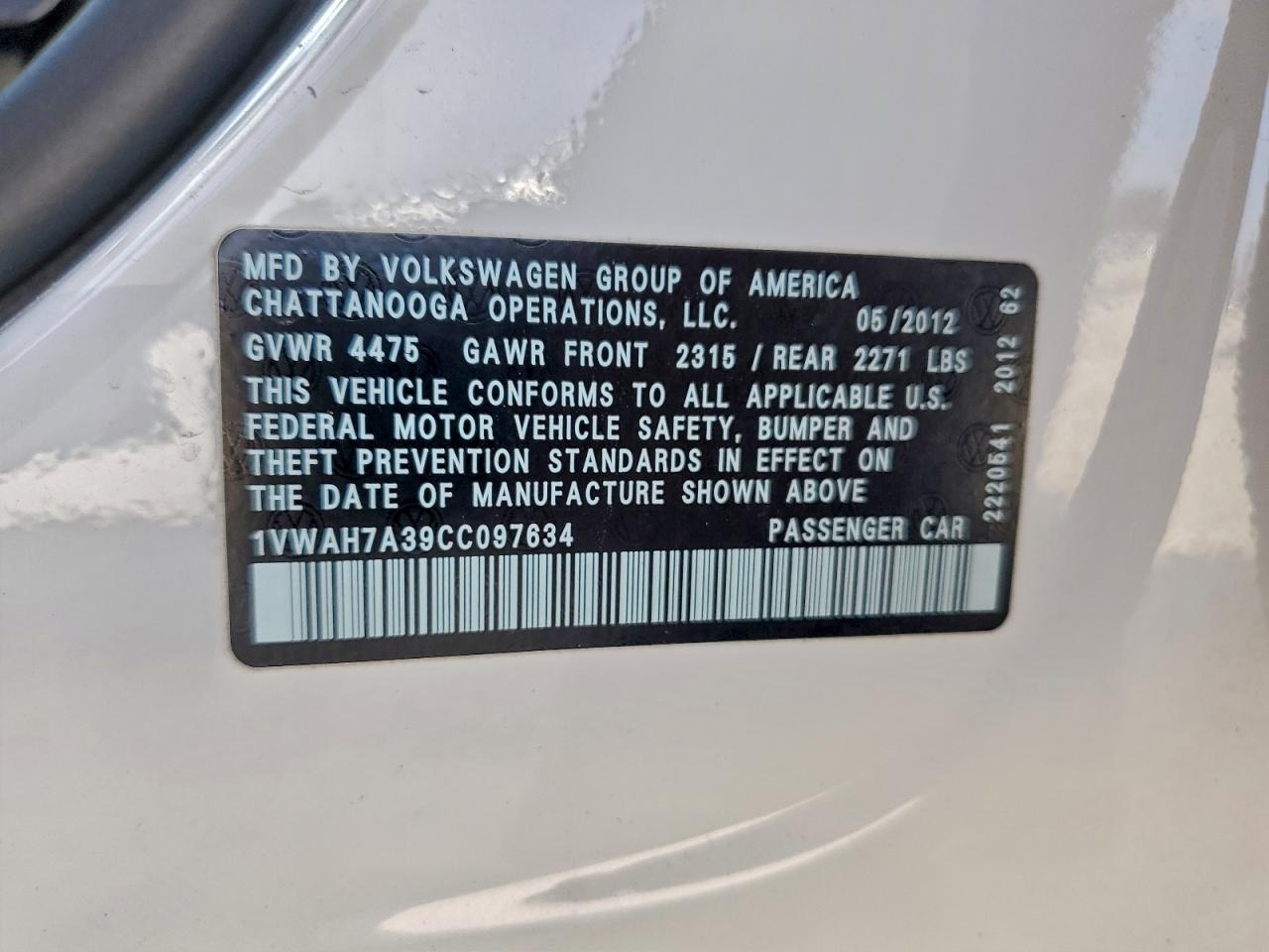 2012 Volkswagen Passat S VIN: 1VWAH7A39CC097634 Lot: 92252775