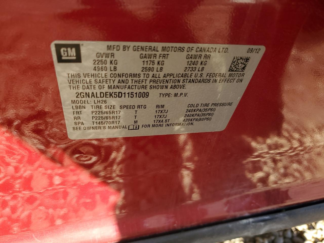 2013 Chevrolet Equinox Lt VIN: 2GNALDEK5D1151009 Lot: 91492915