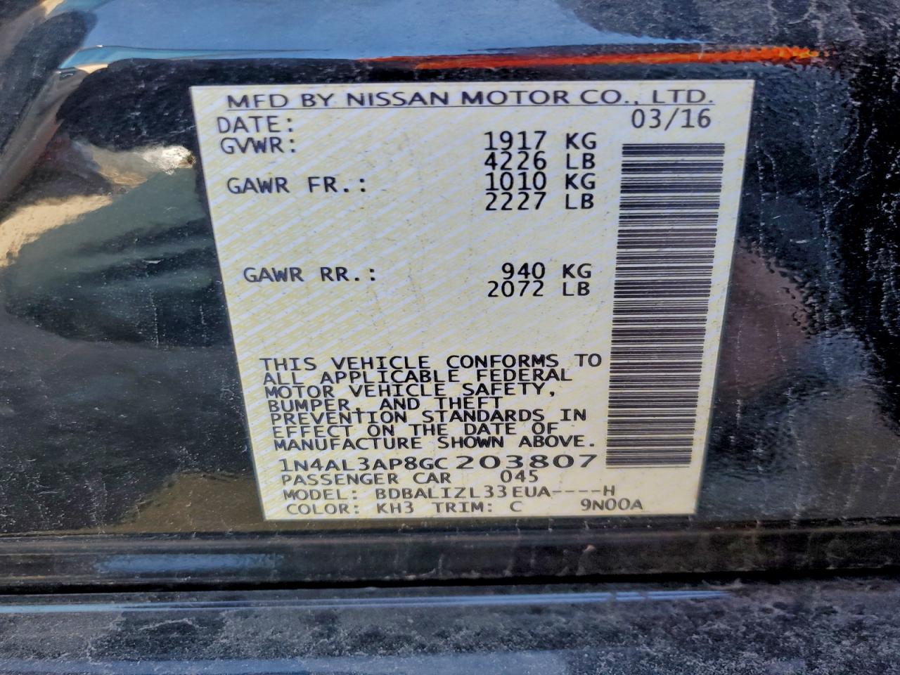 2016 Nissan Altima 2.5 VIN: 1N4AL3AP8GC203807 Lot: 93755705