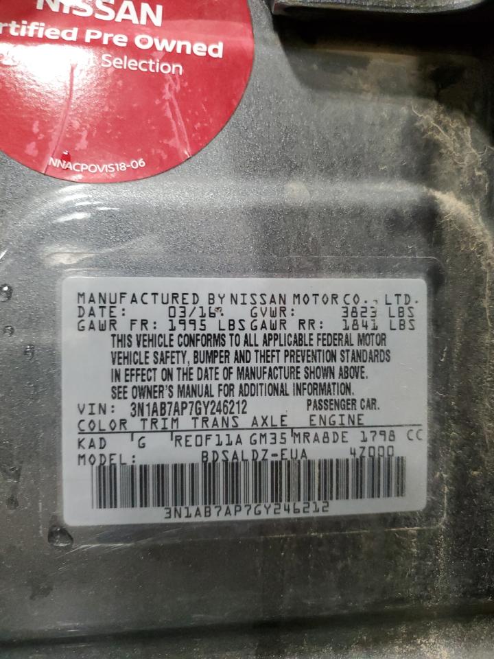 2016 Nissan Sentra S VIN: 3N1AB7AP7GY246212 Lot: 91213895