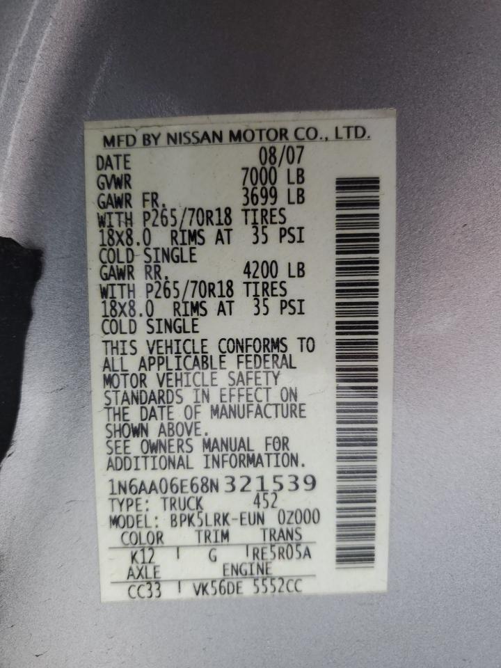 2008 Nissan Titan Xe VIN: 1N6AA06E68N321539 Lot: 92880395