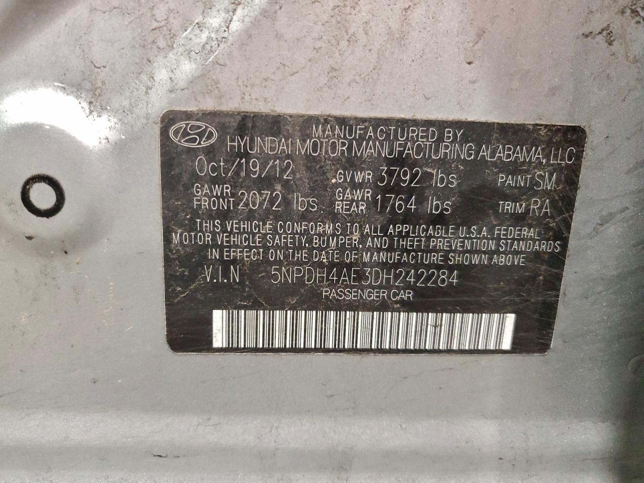 2013 Hyundai Elantra Gls VIN: 5NPDH4AE3DH242284 Lot: 94984445