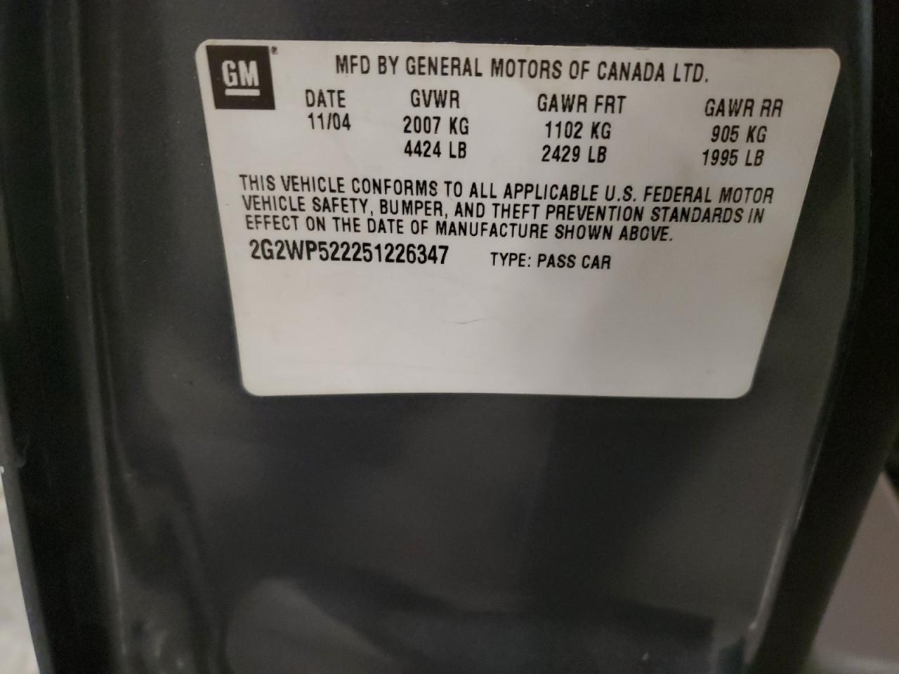 2005 Pontiac Grand Prix VIN: 2G2WP522251226347 Lot: 92643215