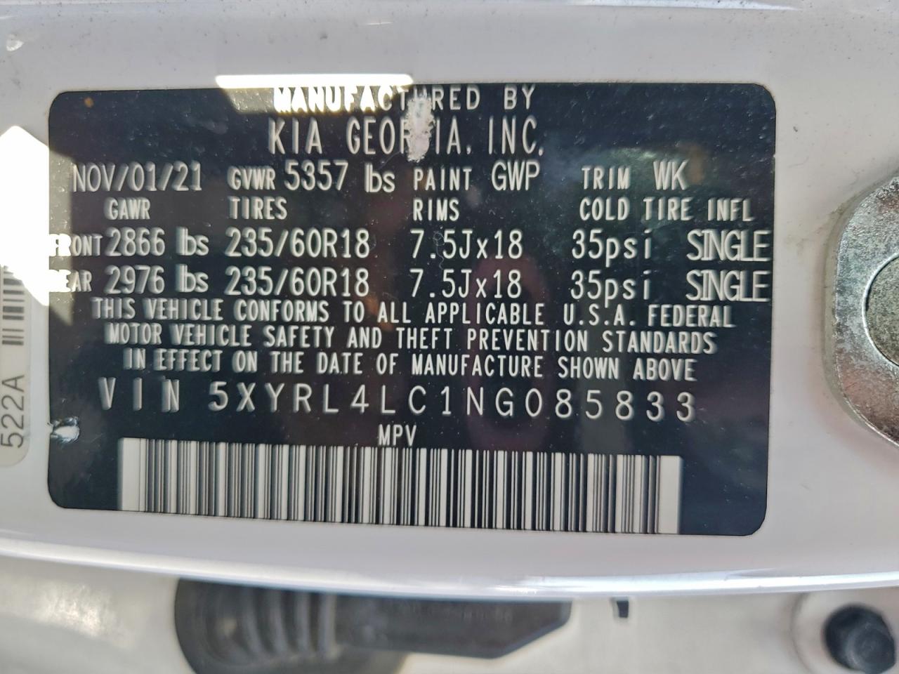 2022 Kia Sorento S VIN: 5XYRL4LC1NG085833 Lot: 93428035