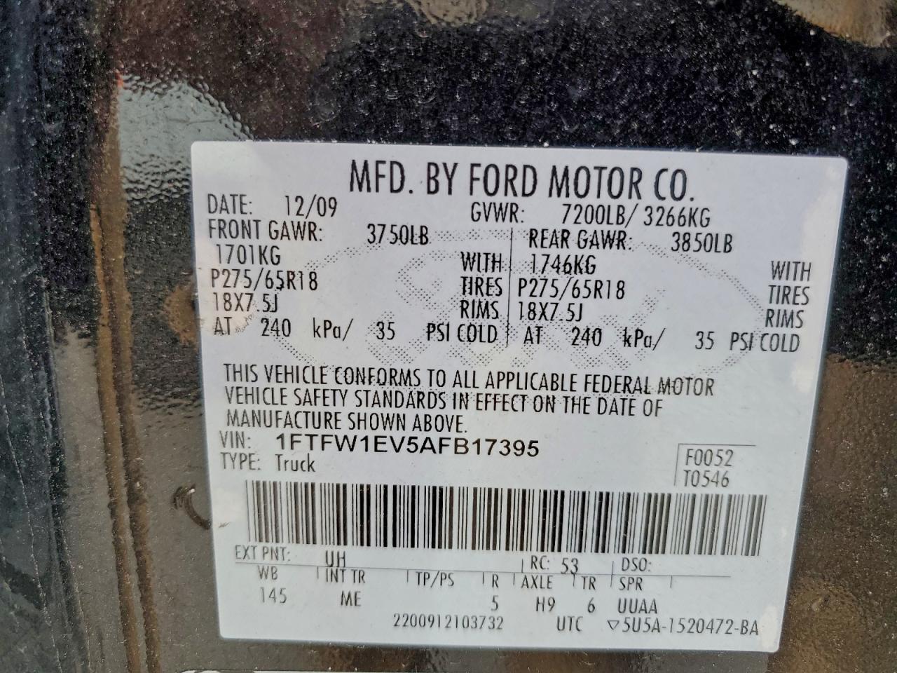 2010 Ford F150 Supercrew VIN: 1FTFW1EV5AFB17395 Lot: 94480585