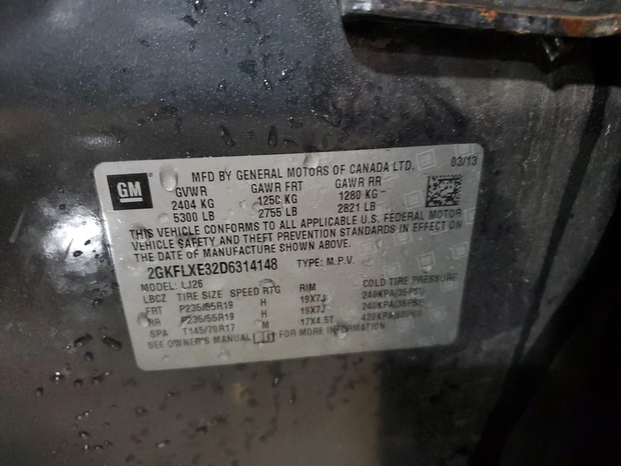 2013 GMC Terrain Slt VIN: 2GKFLXE32D6314148 Lot: 93174965