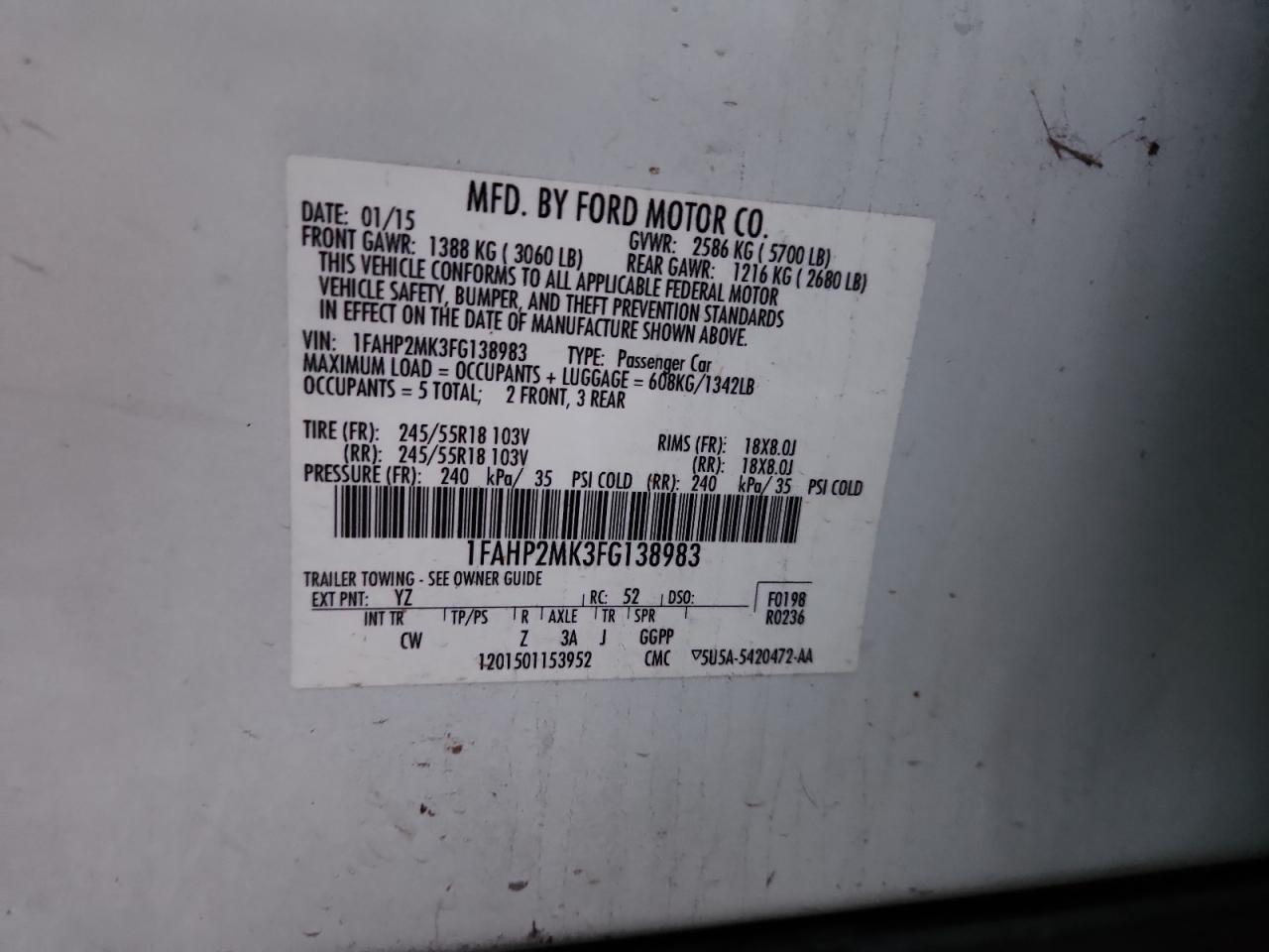 2015 Ford Taurus Police Interceptor VIN: 1FAHP2MK3FG138983 Lot: 92458275