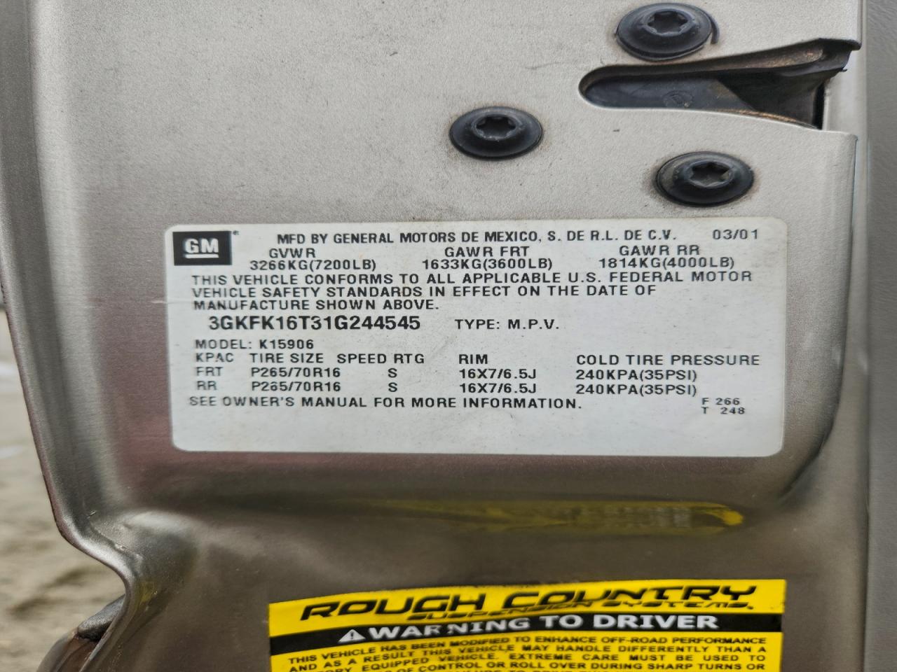 2001 GMC Yukon Xl K1500 VIN: 3GKFK16T31G244545 Lot: 94146345