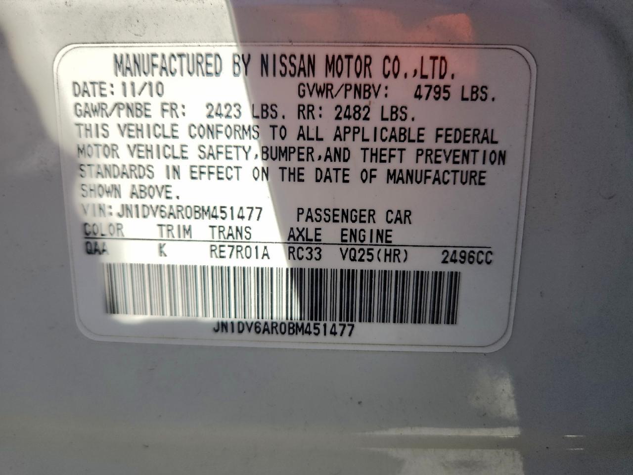 2011 Infiniti G25 VIN: JN1DV6AR0BM451477 Lot: 94524465