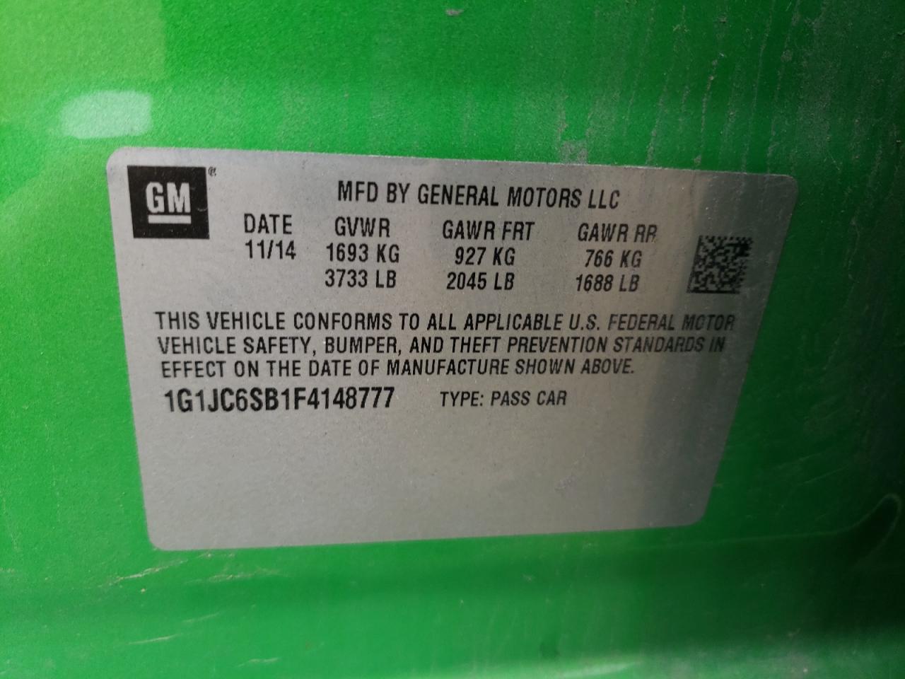 2015 Chevrolet Sonic Lt VIN: 1G1JC6SB1F4148777 Lot: 94026335