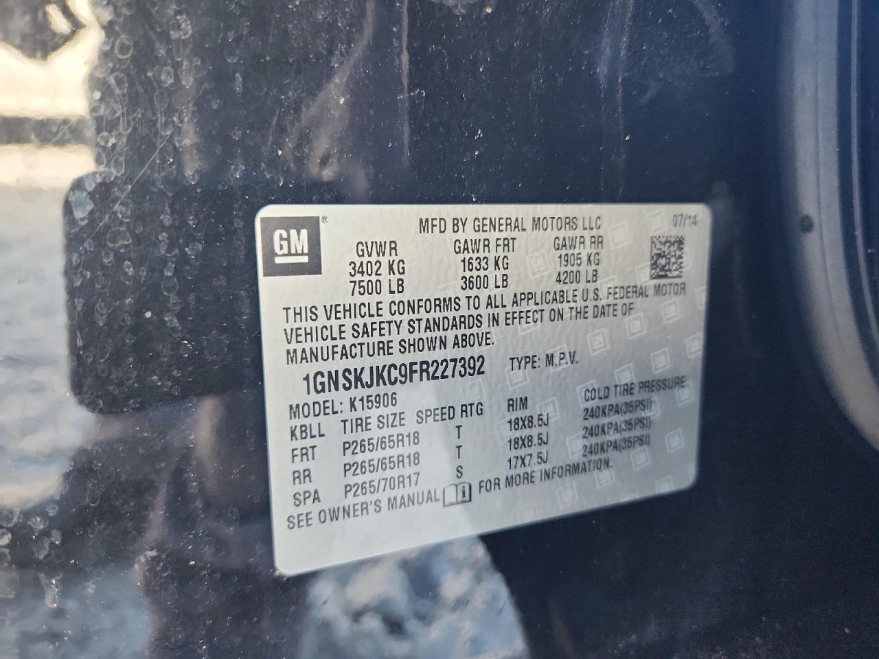 2015 Chevrolet Suburban K1500 Lt VIN: 1GNSKJKC9FR227392 Lot: 93561725