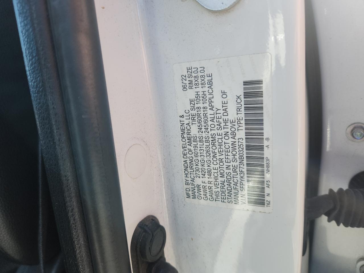 2022 Honda Ridgeline Rtl VIN: 5FPYK3F73NB032573 Lot: 91317825