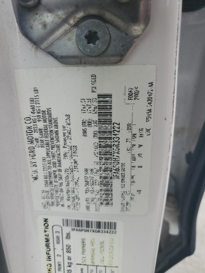 2016 Ford Fusion Se VIN: 3FA6P0H7XGR334222 Lot: 92049475