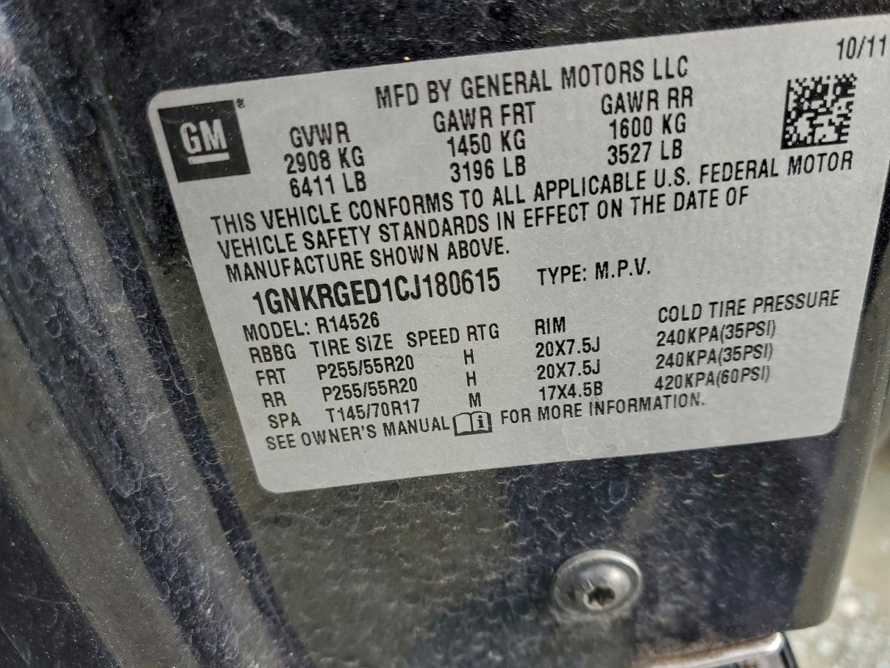 2012 Chevrolet Traverse Lt VIN: 1GNKRGED1CJ180615 Lot: 94154045